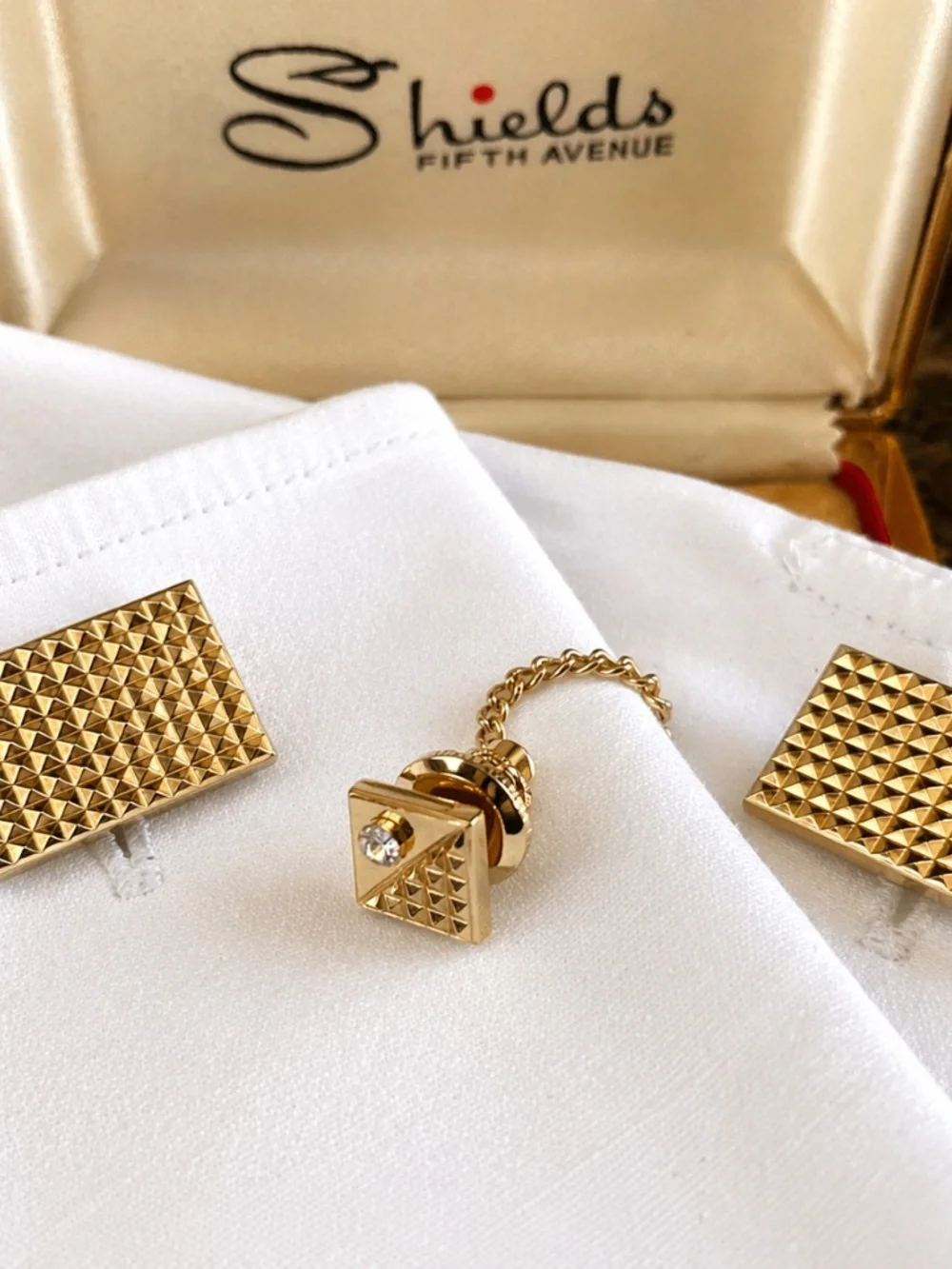 Vintage Pierre Cardin Tie Tack & Shields Pyramid Cufflinks – Gold Tone 1970s